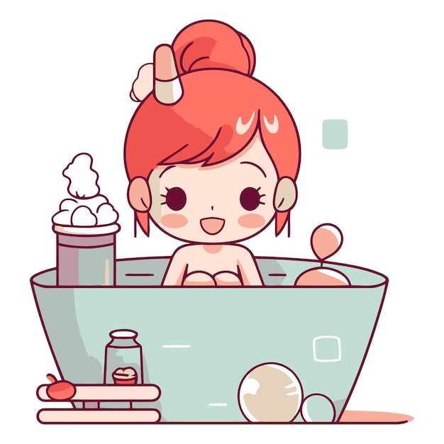 Cute girl taking a bath in cartoon style