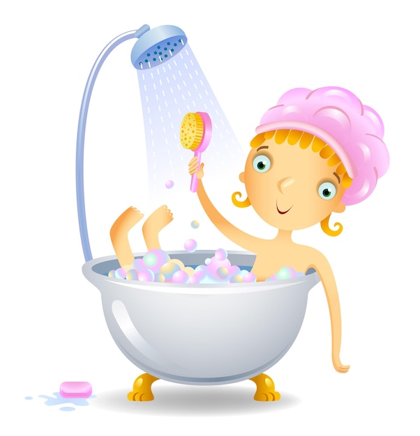 Cute girl taking bath with bubbles vector illustration