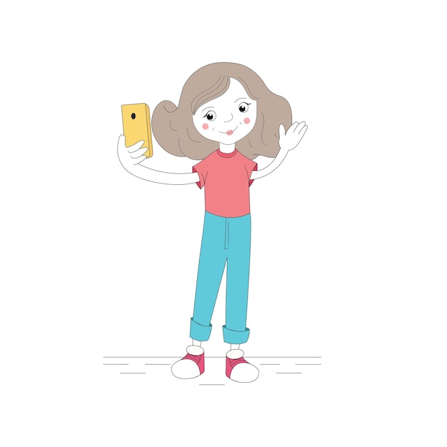 Cute girl taking a selfie with phone clip art illustration.