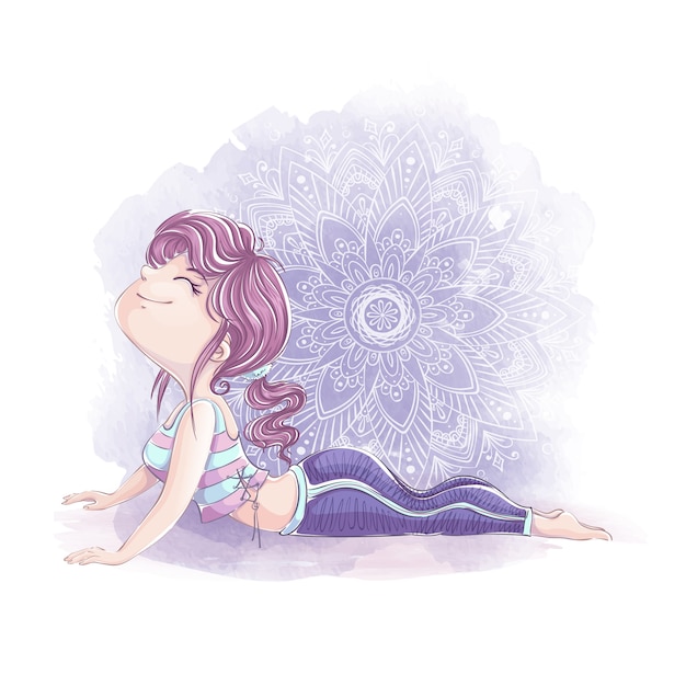 Cute girl in a tracksuit performs an exercise in yoga or fitness. Sports character in the style of hand-drawing.