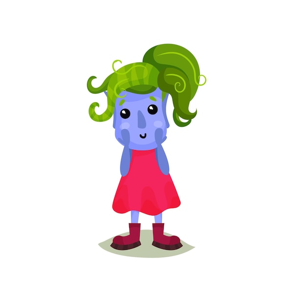 Cute girl troll with green hair funny fairy tale character vector illustrations on a white background