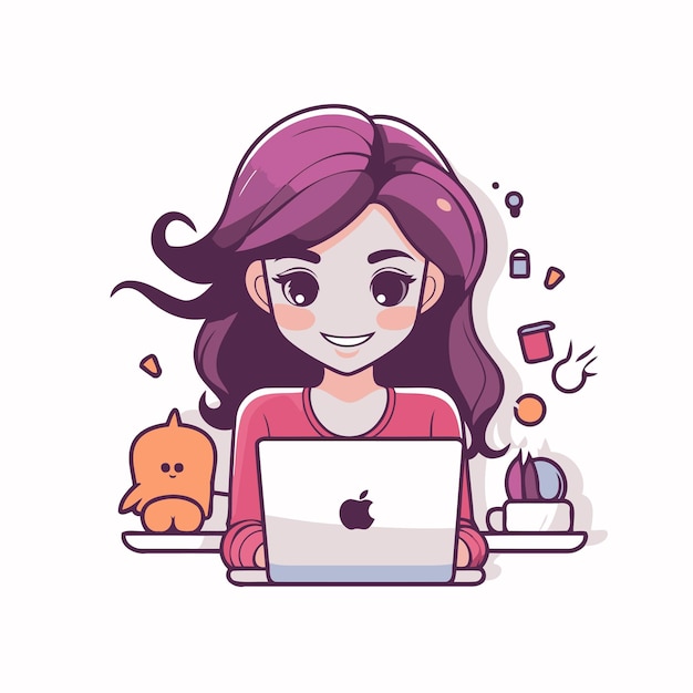 Vector cute girl using laptop at home vector illustration in cartoon style