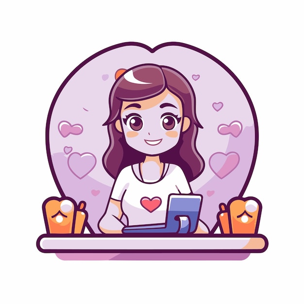 Cute girl using laptop at home vector illustration in cartoon style