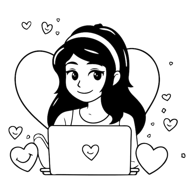 Vector cute girl using laptop with hearts around her vector illustration