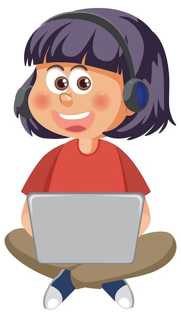 Vector cute girl using laptop