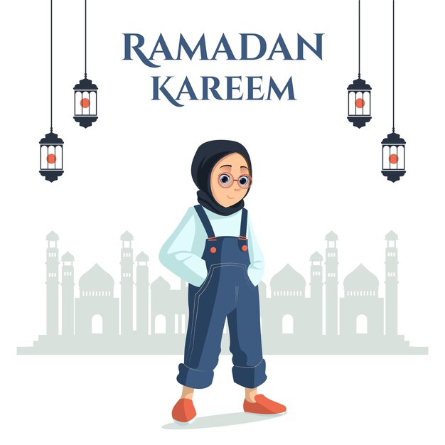 Vector cute girl vector illustration for islamic ramadan celebration