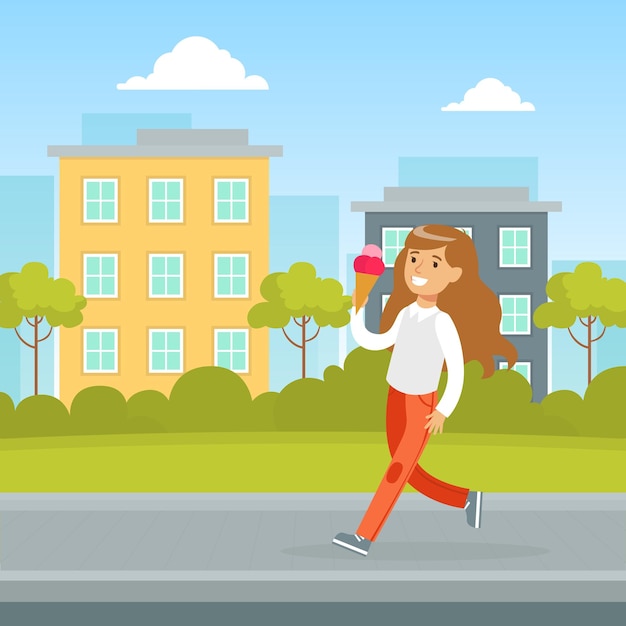 Cute Girl Walking on the Street and Eating Ice Cream Kid Summer Outdoor Activity Cartoon Vector Illustration