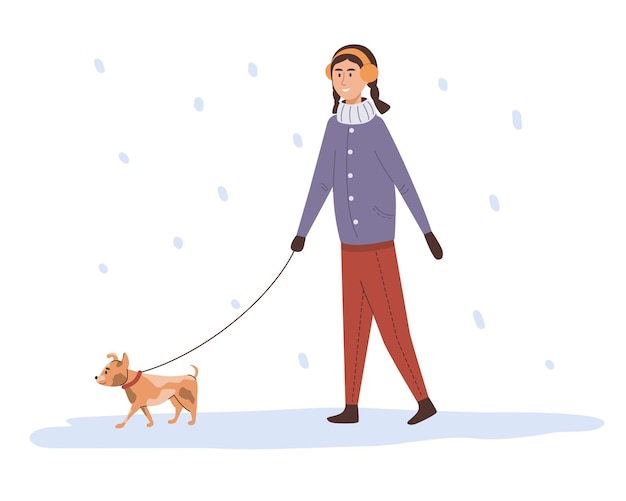 La ragazza carina cammina con un cane al guinzaglio in inverno nevoso illustrazione di cartone animato piatto vettoriale