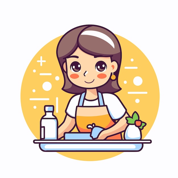 Vector cute girl washing dishes vector illustration in a flat style