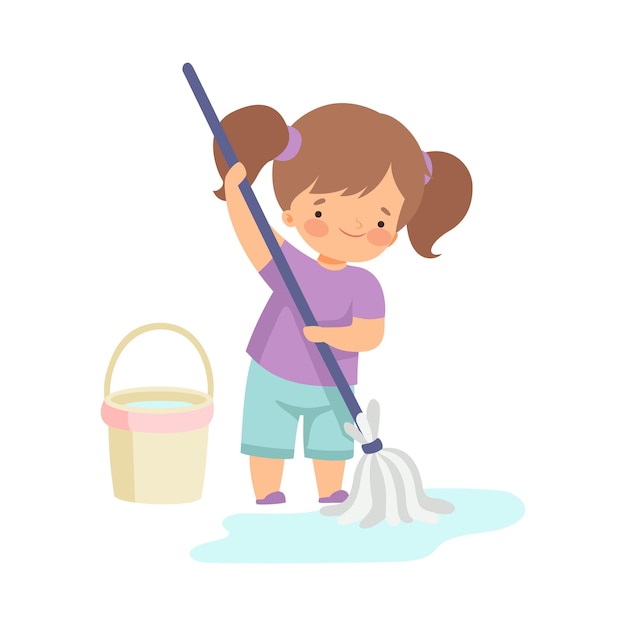 Vector cute girl washing the floor with bucket and mop adorable kid doing housework chores at home vector illustration on white background
