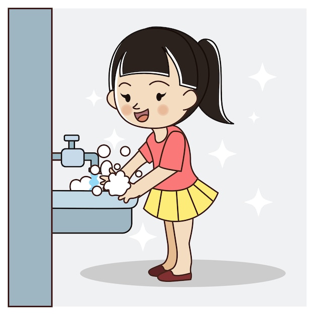 かわいい女の子が手を洗います。ウイルスから安全、covid-19