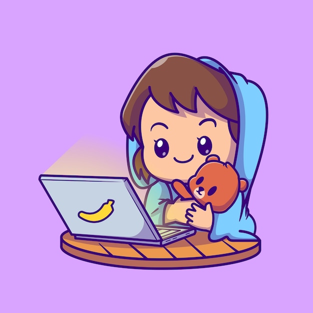 Cute Girl Watching Movie On Laptop With Doll Cartoon Vector Icon Illustration. People Technology Icon Concept Isolated Premium Vector. Flat Cartoon Style