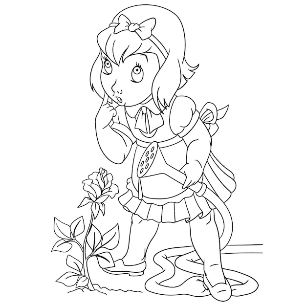 Vector cute girl watering rose flower. cartoon coloring book page for kids.