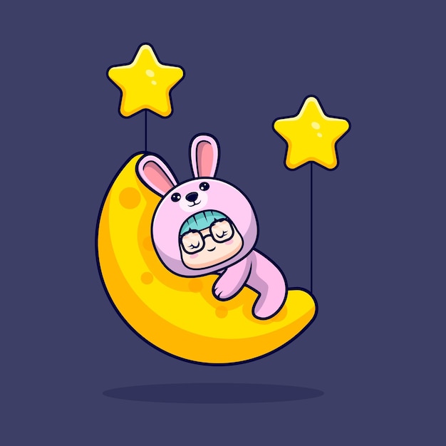 Cute girl wearing bunny costume sleeping on the floating moon