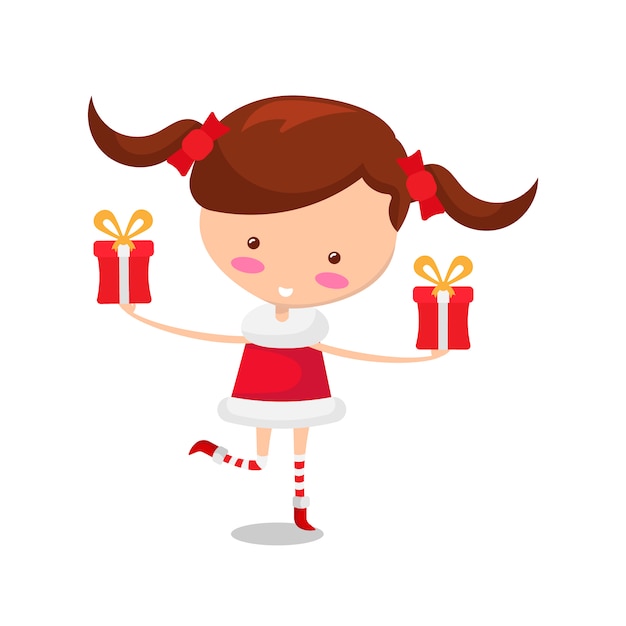 Cute girl wearing Christmas costume and gift