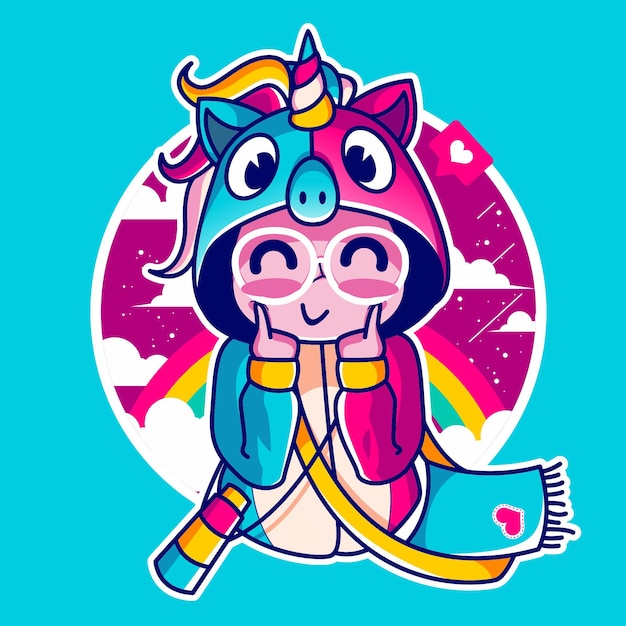 Cute girl wearing colorful unicorn hoodie