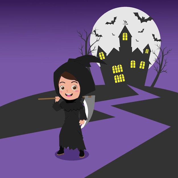 Ragazza carina che indossa il costume di halloween grim reaper, sfondo in strati separati per una facile modifica
