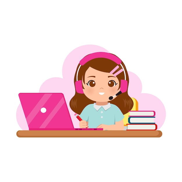 Vector cute girl wearing headphones learning at home with her lapto