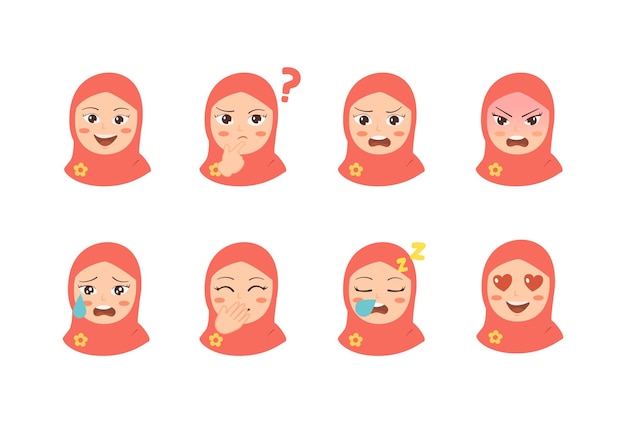 Vector cute girl wearing hijab emoticon set