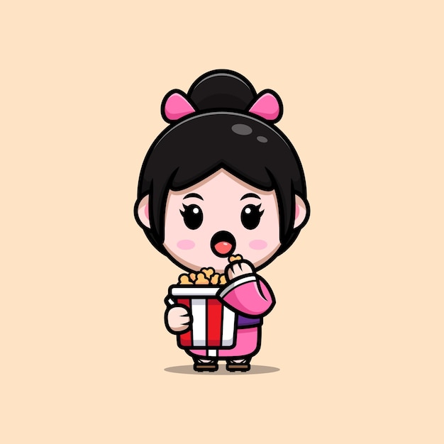 Cute girl wearing kimono dress eating popcorn cartoon illustration