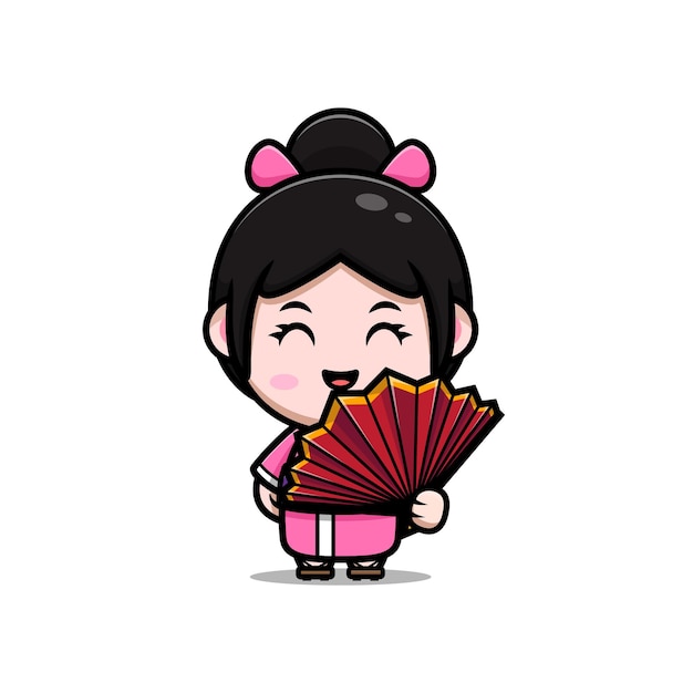 Cute girl wearing kimono dress with hand held fan cartoon illustration