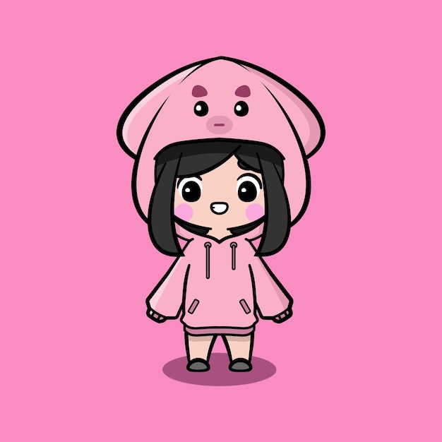 Cute girl wearing oversize jumper. squid character oversize jumper. squid character oversize hoodie