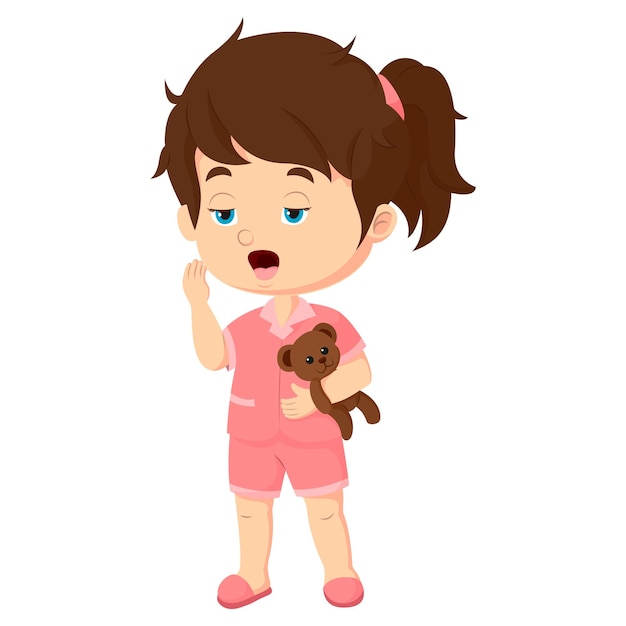 Vector cute girl wearing pajamas with teddy bear yawning