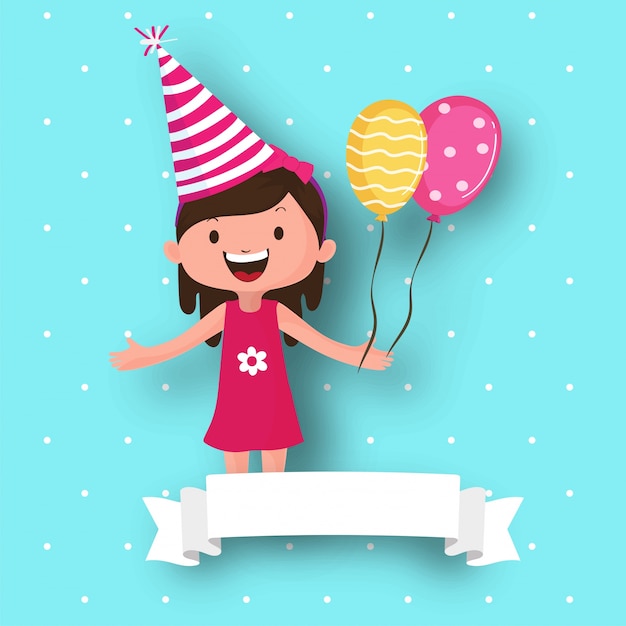 Cute girl wearing party hat and holding balloons.