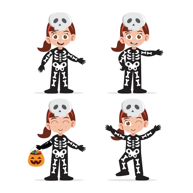 ハロウィーンのベクトル図のスケルトン衣装を着ているかわいい女の子