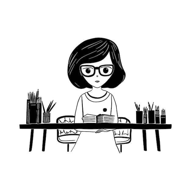 Vettore una ragazza carina che indossa occhiali da sole e legge libri su un'illustrazione di una linea di tavolo o di una silhouette