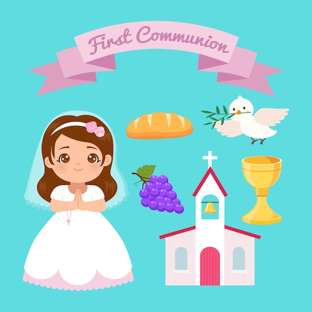 Vector cute girl in white dress and first communion clip art