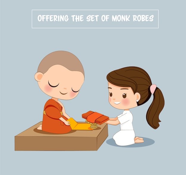 Premium Vector | Cute girl in white dress offering the set of monk robes  cartoon