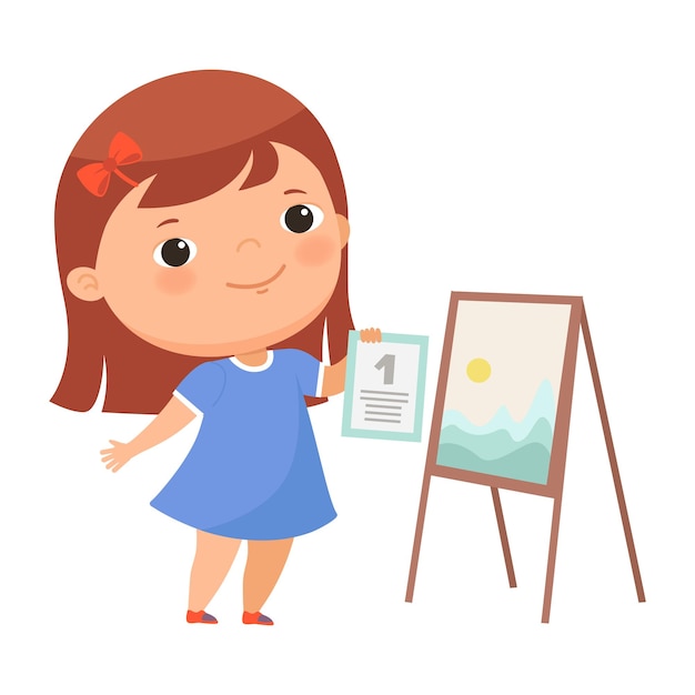 絵を描くスタッフの近くに立っている可愛い女の子の勝者達成証明書を握っているベクトルイラスト