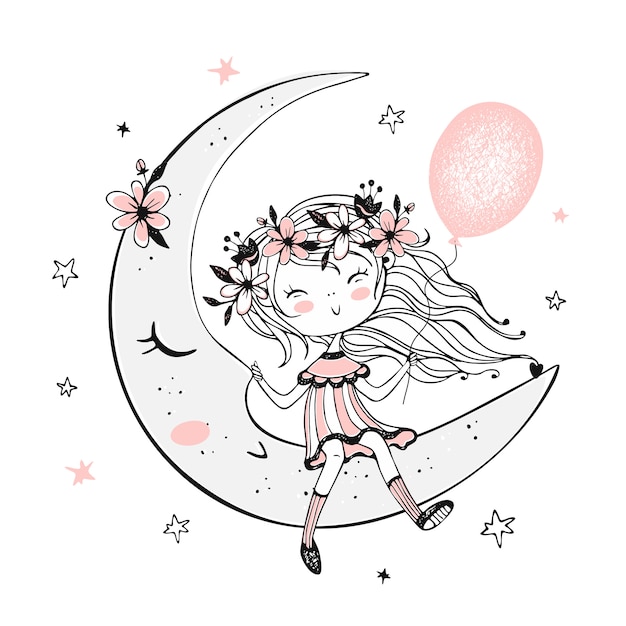 Cute girl with a balloon sitting on the moon.