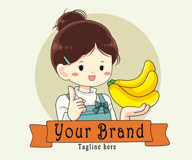 Cute girl with banana logo art illustration
