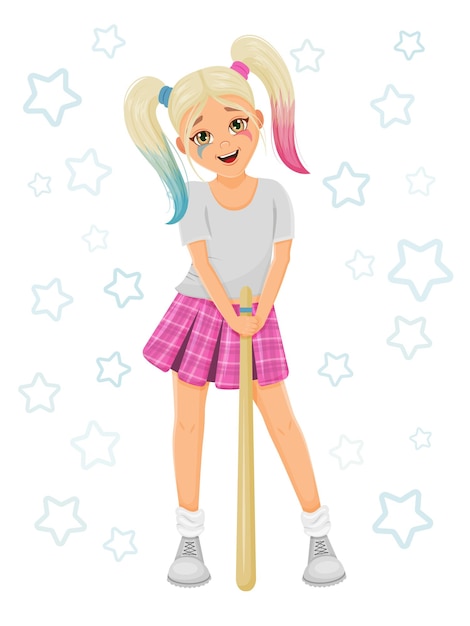 Cute girl with baton. Kawaii character. Vector children illustration. Cartoon style.