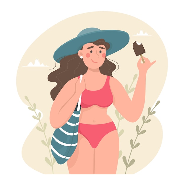水着と帽子でアイスクリームを食べるビーチバッグ、夏と入浴シーズンのかわいい女の子。漫画のスタイルでベクトルイラスト。
