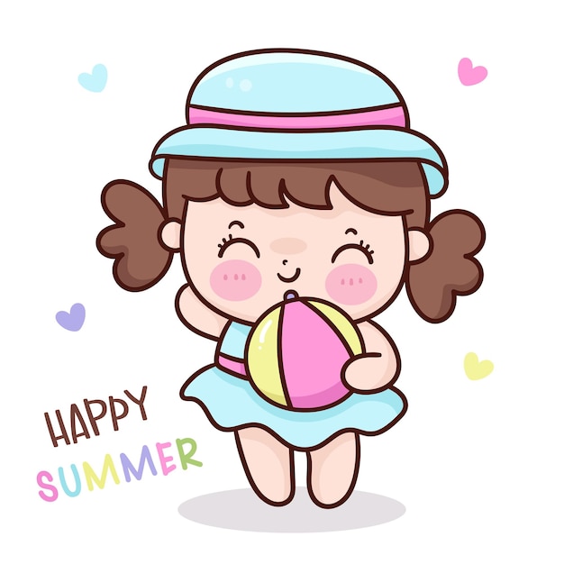 Cute girl with beach ball kawaii cartoon