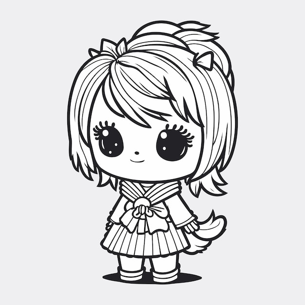 Vector cute girl with big eyes standing coloring page