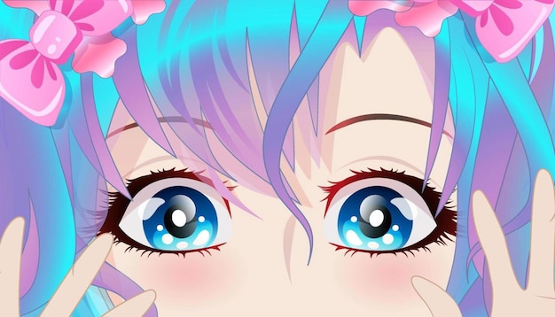 애니메이션 스타일의 파란 머리와 파란 눈의 귀여운 소녀