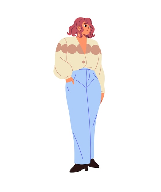 cute girl with bob haircut wearing stylish clothes pensive young woman in fashion jeans jacket with pink hair thoughtful female posing stands flat isolated vector illustration on white background