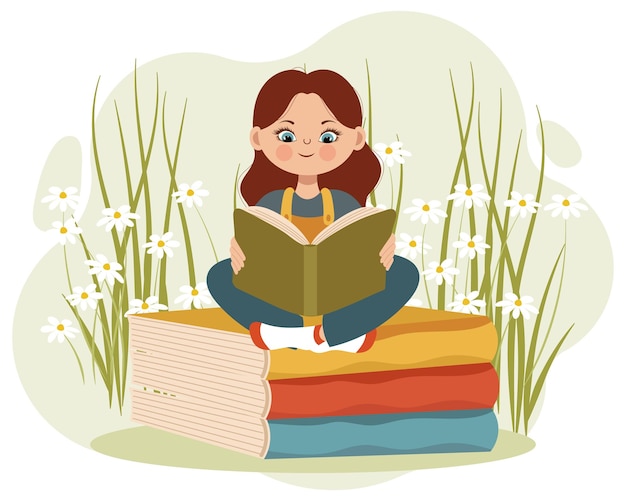 A cute girl with a book sits on books on a background of daisies. Cartoon illustration, baby print