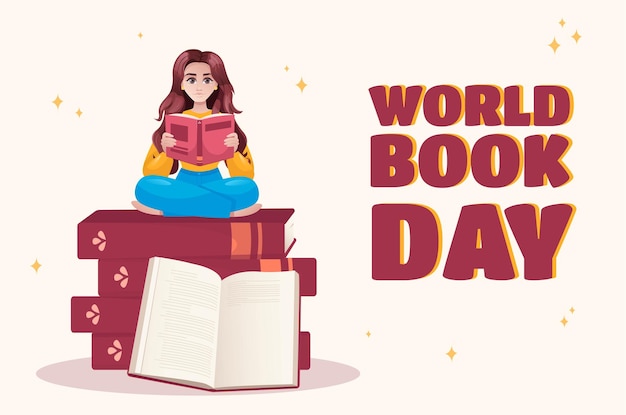 Cute girl with a book sits on books Cute Illustration for World Book Day celebration