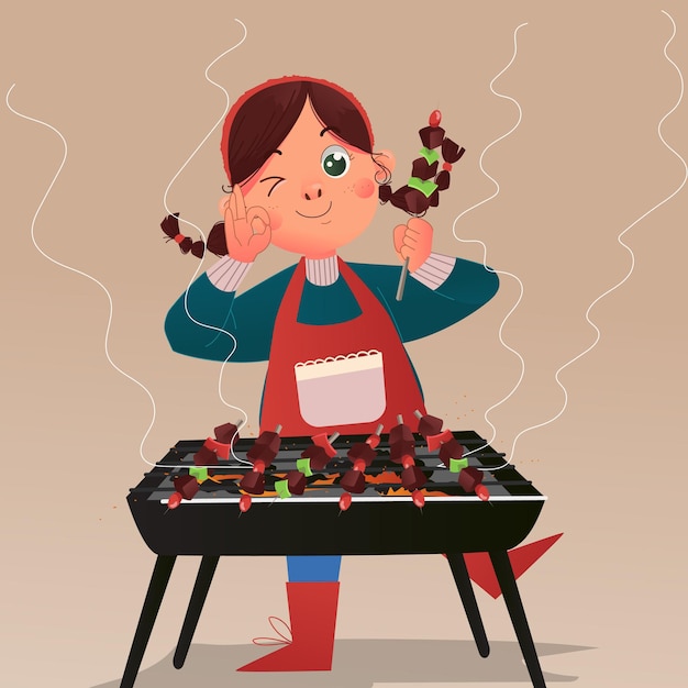 Cute girl with braids grills barbecue satay character illustration