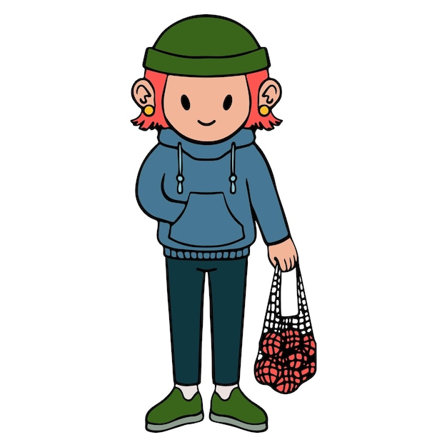 Cute girl with bright hair with eco bag full of oranges. isolated vector illustration in cartoon sty