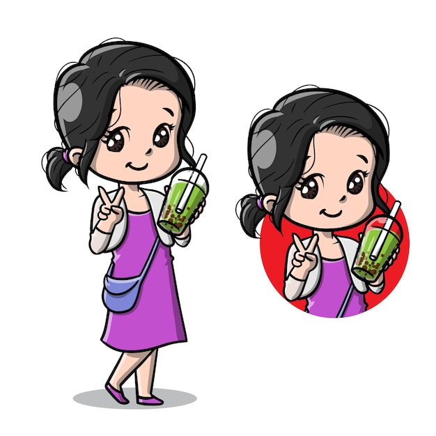 Cute girl with bubble boba tea cartoon