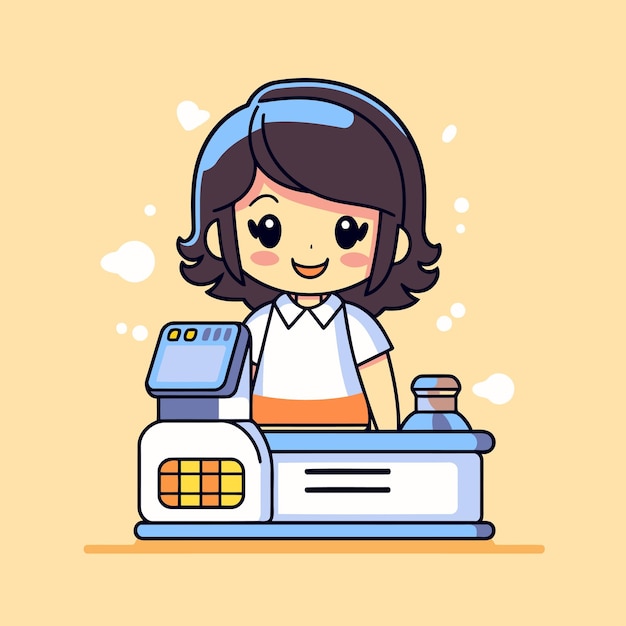 Cute girl with cash register Cartoon style Vector illustration