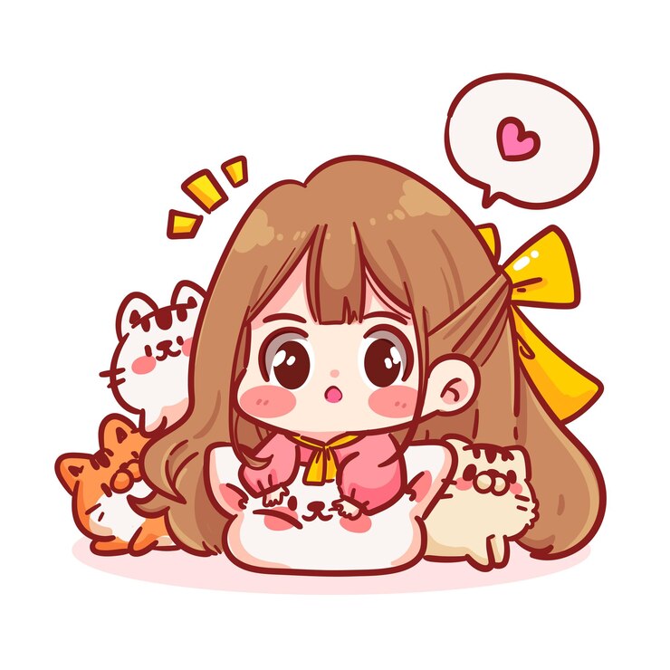 Vector 고양이 만화 캐릭터 손 그리기 아트 일러스트와 함께 귀여운 소녀