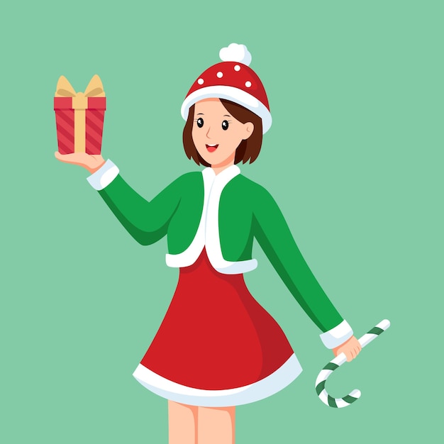 Cute Girl with Christmas Gift Character Design Illustration