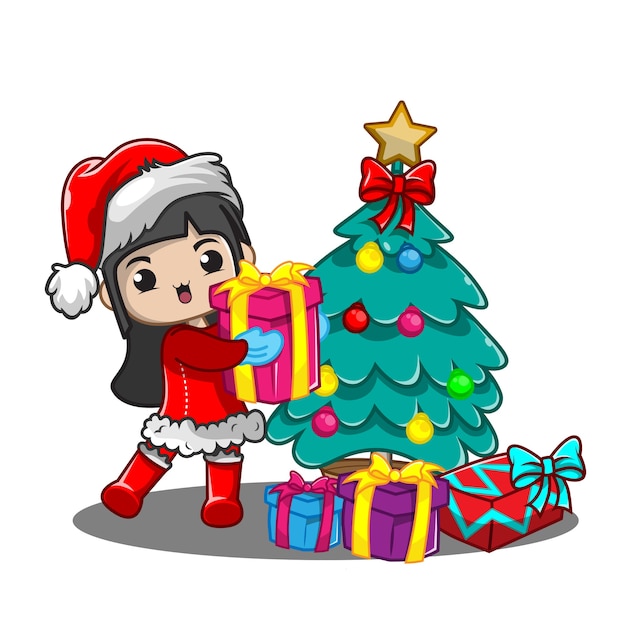 Cute girl with christmas tree and gifts